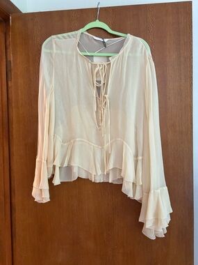 Zara Cream Sheer Ruffle Tie-Front Blouse XL New